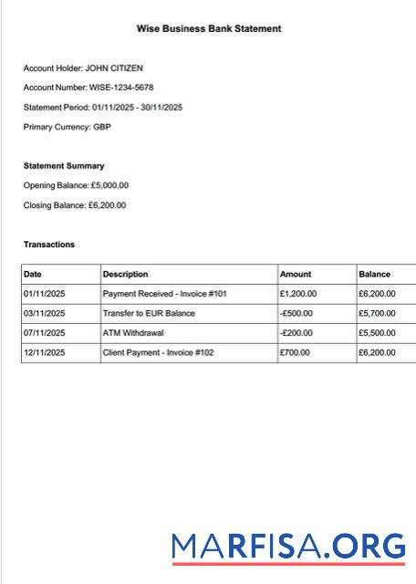 Printable UK Wise bank statement word download for verification